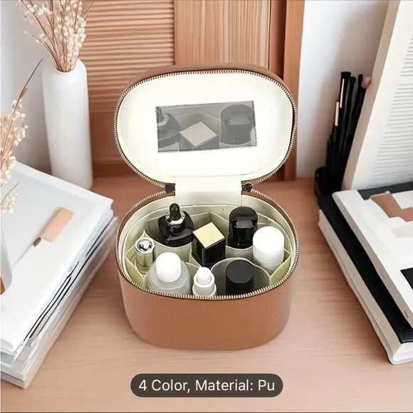 Tan PU Makeup Pouch with Silver Zipper - Picture 5 of 5